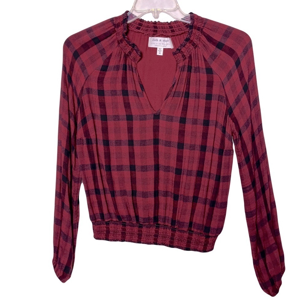 Anthropologie Cloth & Stone | Red Plaid Sara Long Sleeve Pullover Blouse Top, XS